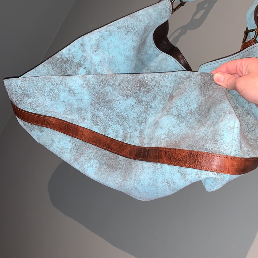Juan Antonio Adobe Turquoise Blue Brown Leather Nubuck Weekend Boho Western Tote - Picture 8 of 16